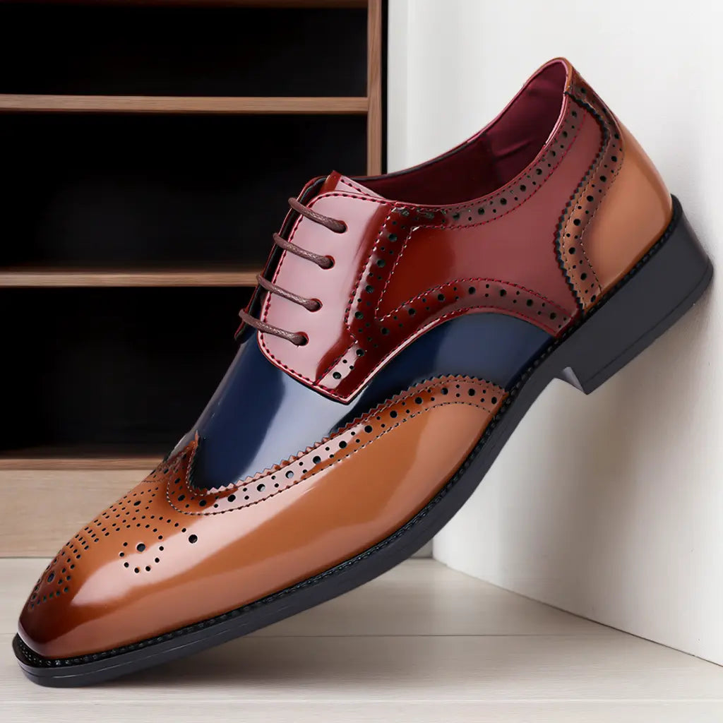 Two-Tone Glossy Brogue Lace-Up Dress Shoes