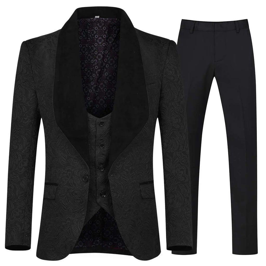 Black Jacquard Three-Piece Suit with Shawl Collar