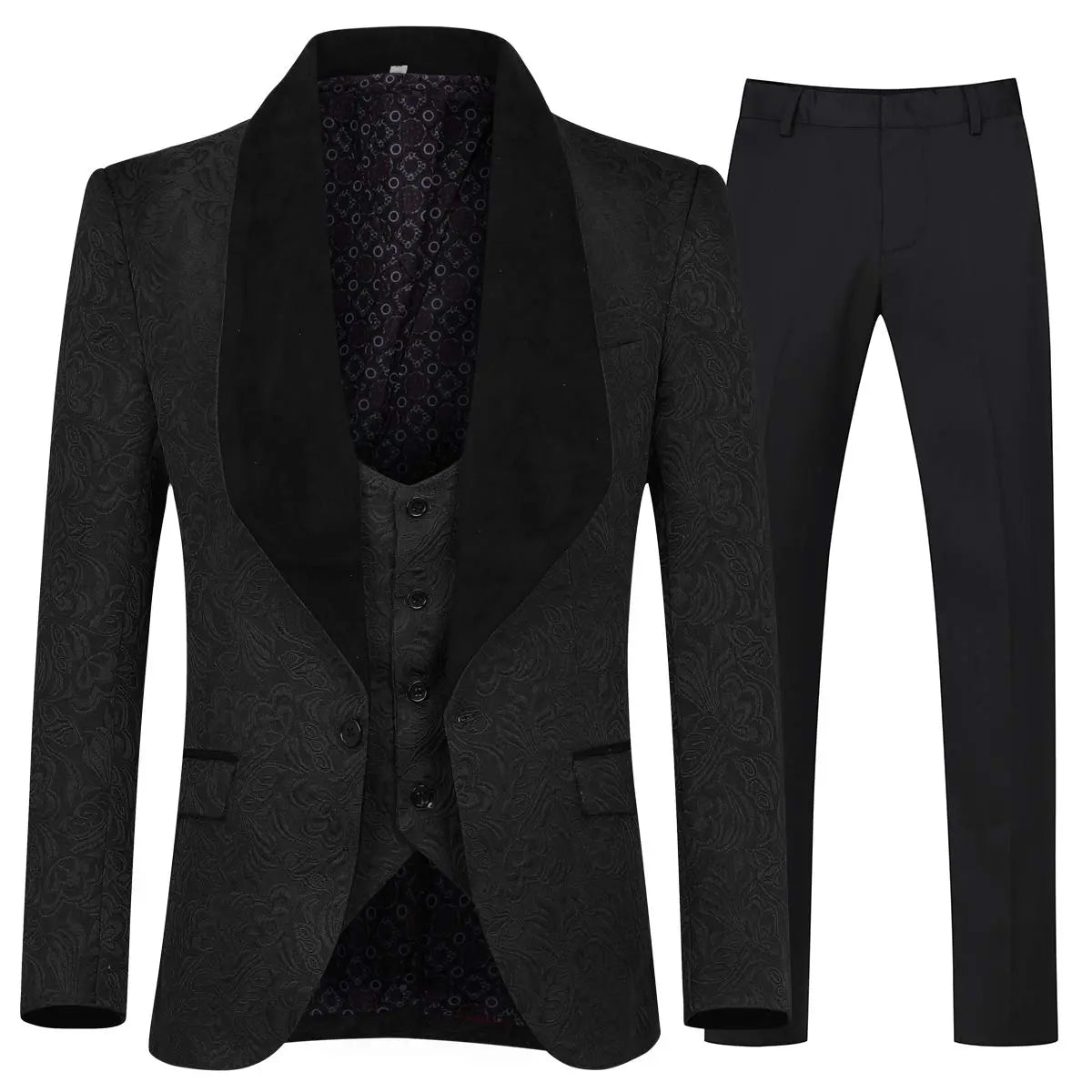 Black Jacquard Three-Piece Suit with Shawl Collar