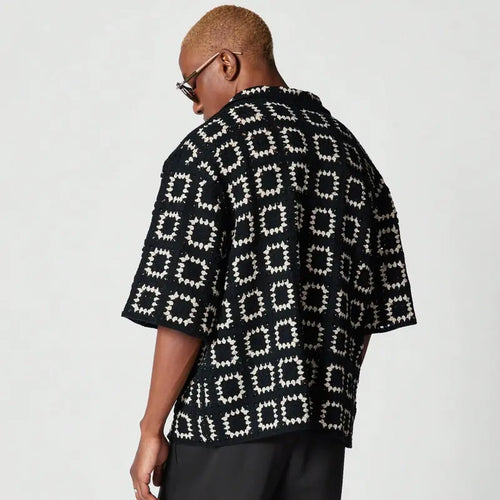 Black Crochet Style Short Sleeve Button Shirt