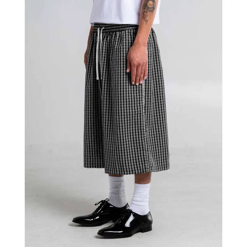 Black and White Gingham Drawstring Shorts, Knee Length
