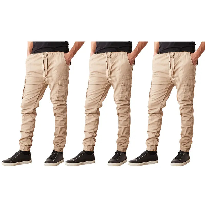 Three Pack Cargo Jogger Pants in Black, Navy, Khaki