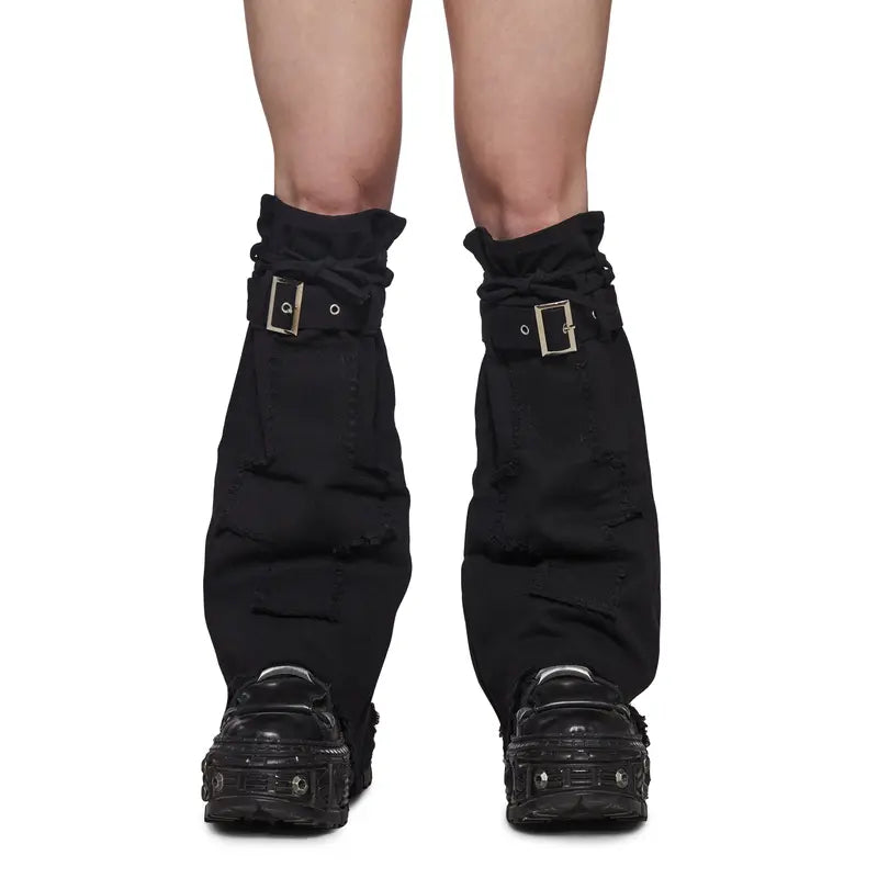 Black Distressed Leg Warmers with Buckle Straps