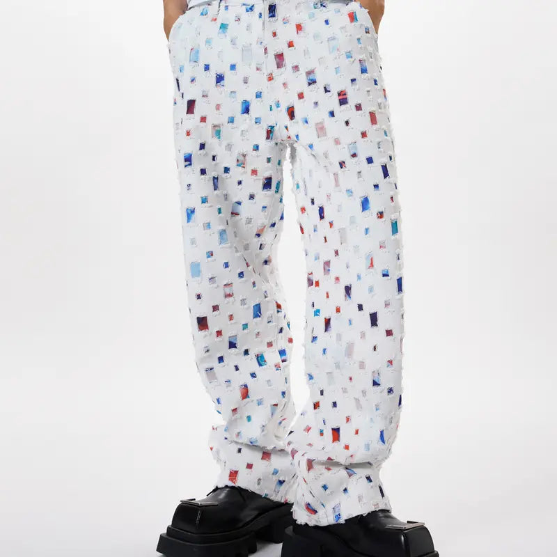 Men's White Baggy Jeans with Colourful Patches