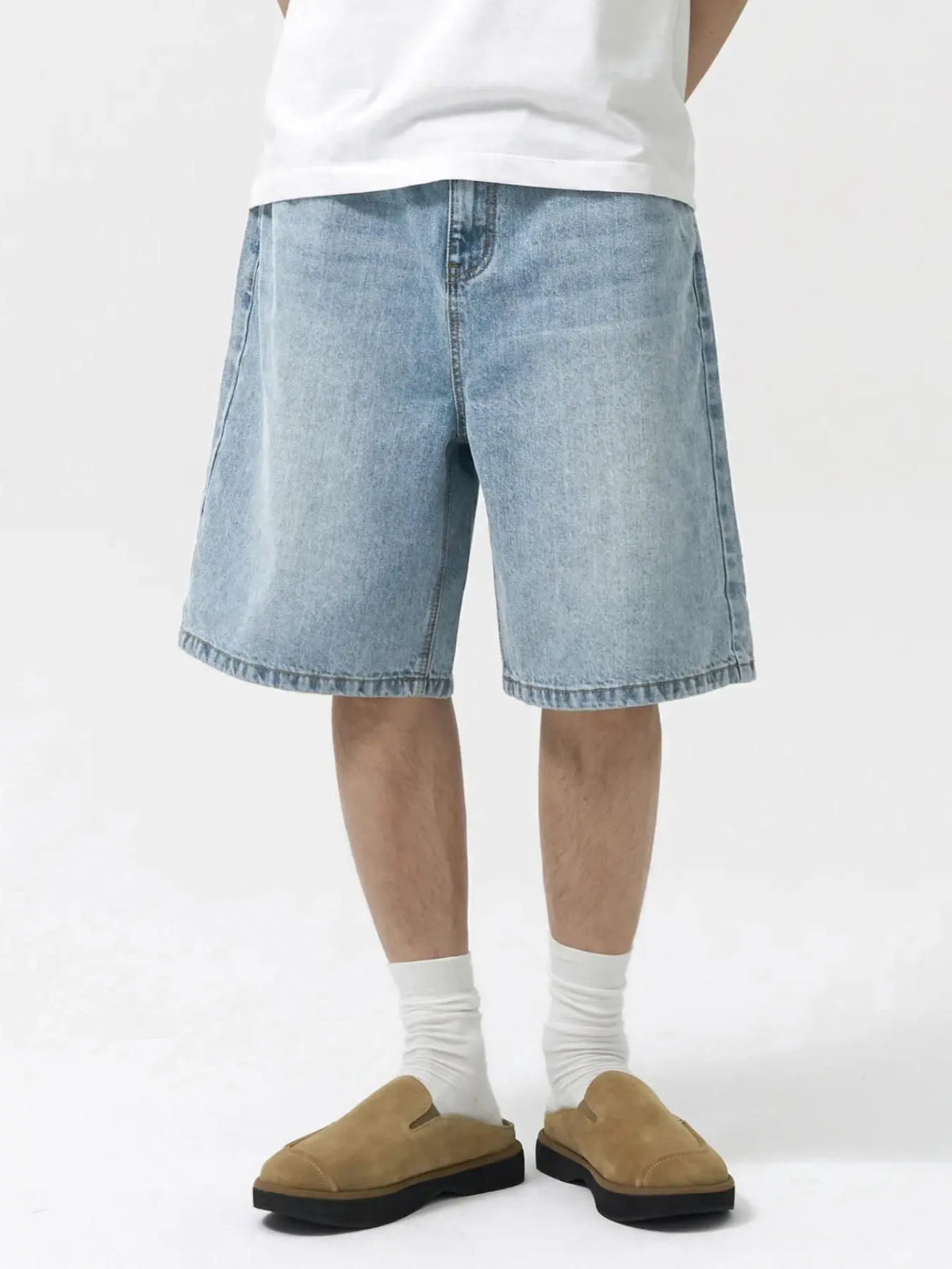 Light Wash Loose Knee-Length Denim Shorts