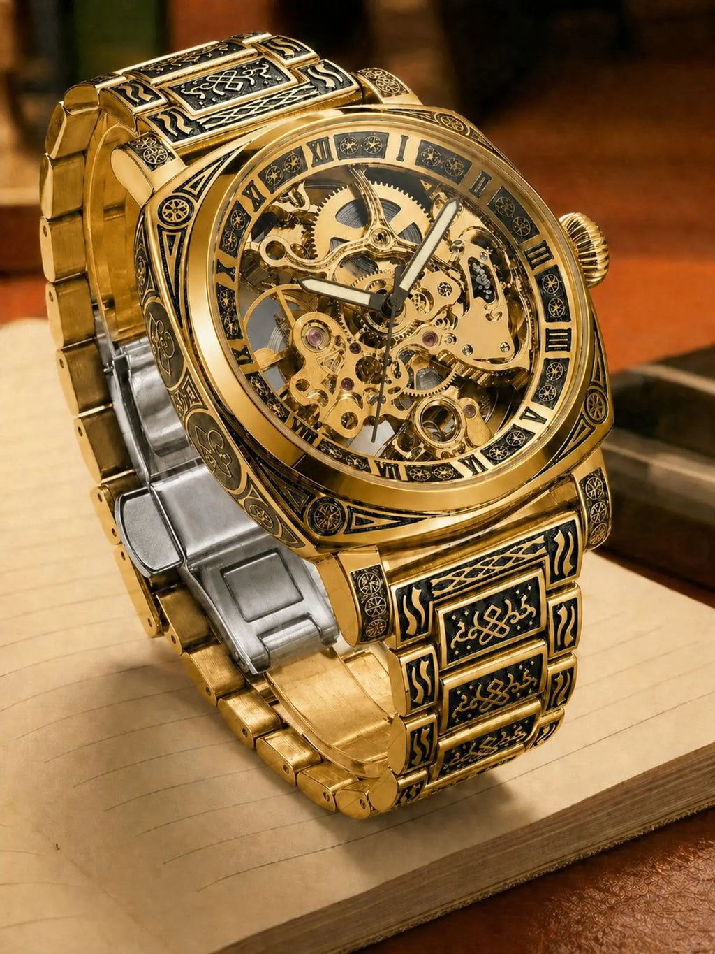 Gold Tone Skeleton Dial Watch with Engraved Bracelet