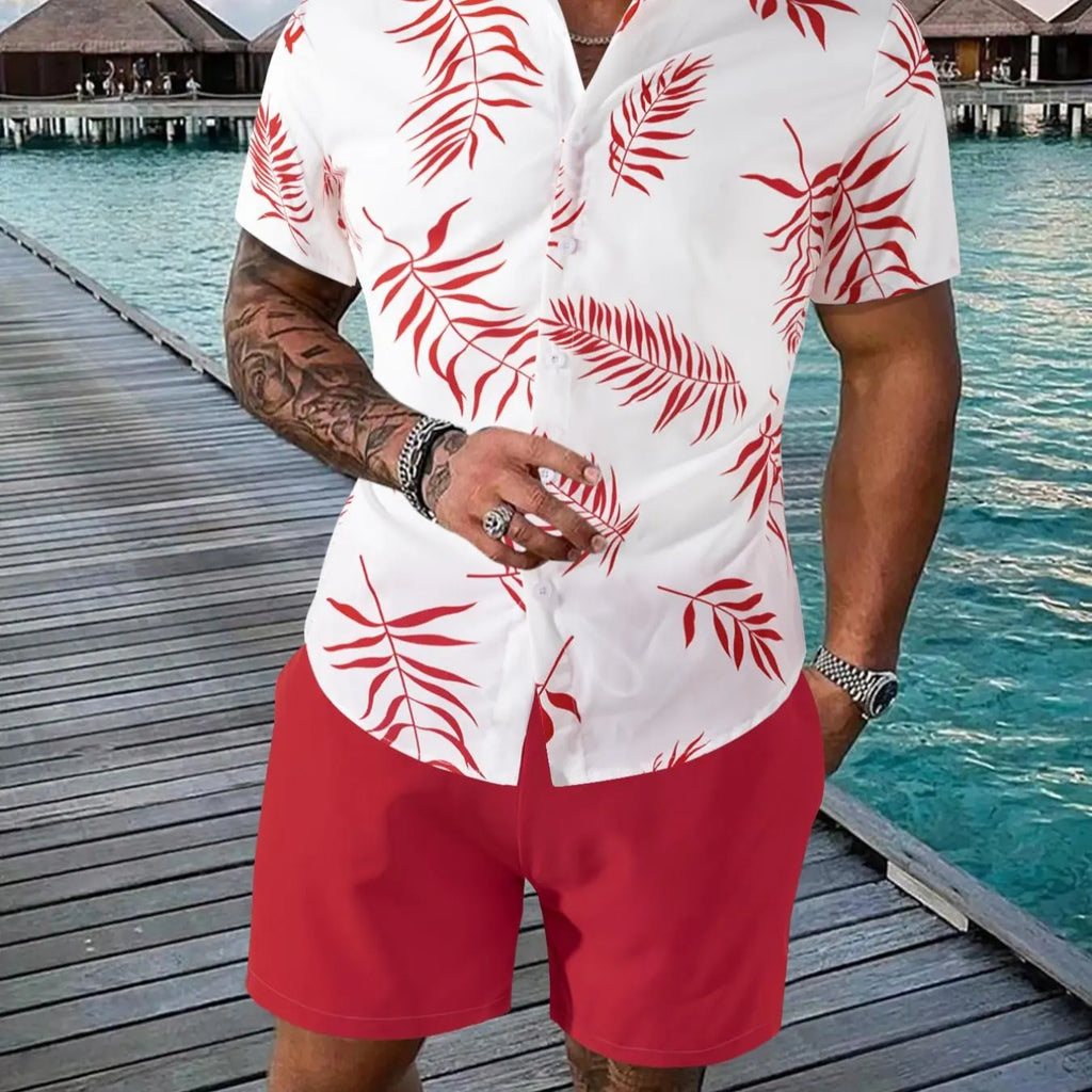 Men's Leaf Print Shirt and Shorts Set
