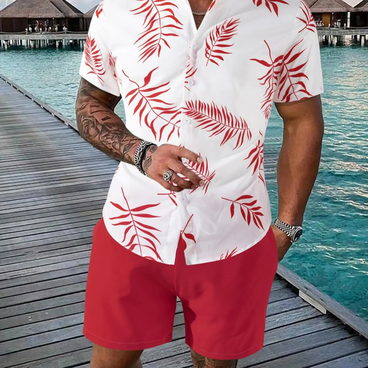 Men's Leaf Print Shirt and Shorts Set