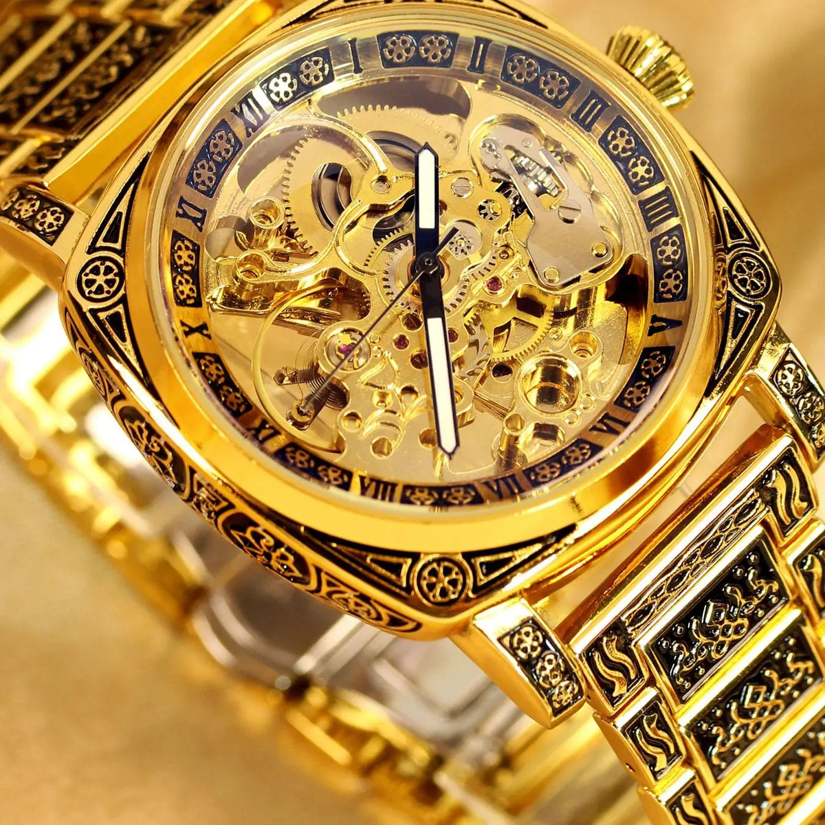 Gold Tone Skeleton Dial Watch with Engraved Bracelet