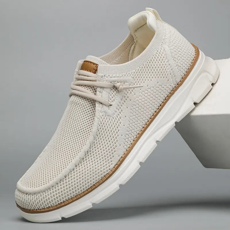 White Knit Mesh Slip-On Shoes with Tan Trim