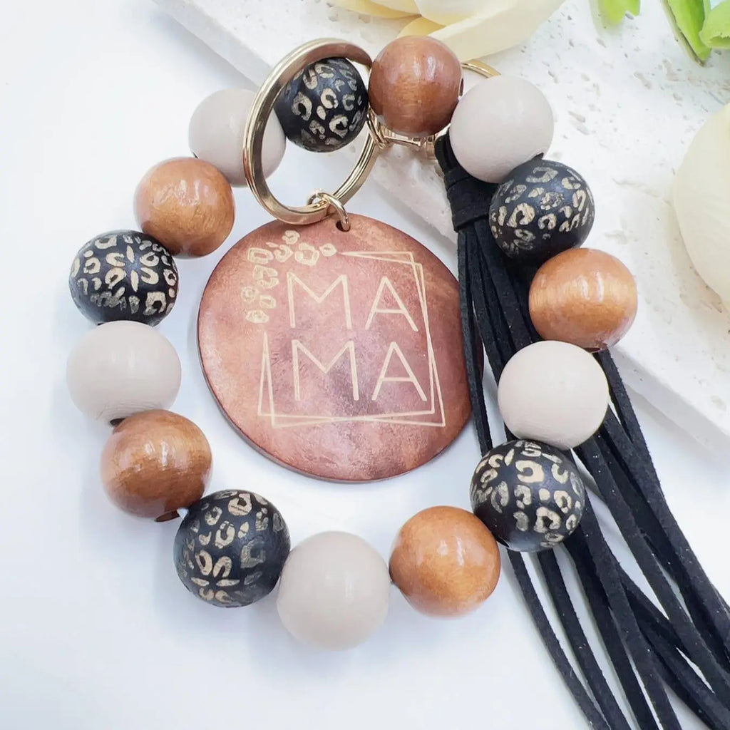 Wooden Bead Wristlet Keychain With Cream Tassel