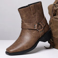 Brown Leather-Look Ankle Boots with Harness Strap