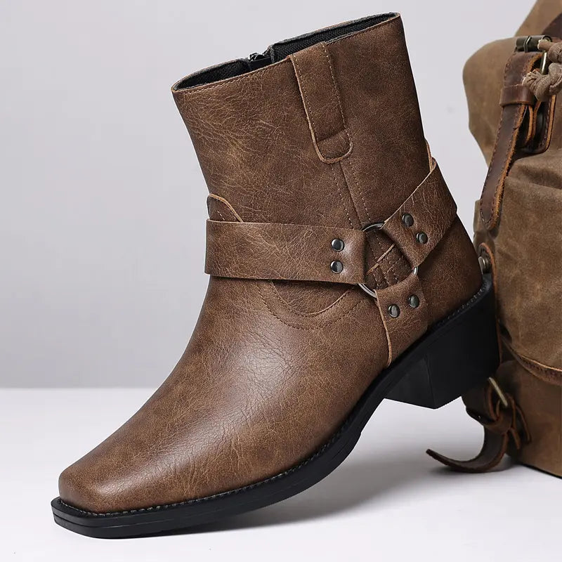Brown Leather-Look Ankle Boots with Harness Strap