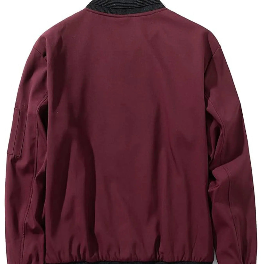 Burgundy Zip Bomber Jacket With Ribbed Black Trim