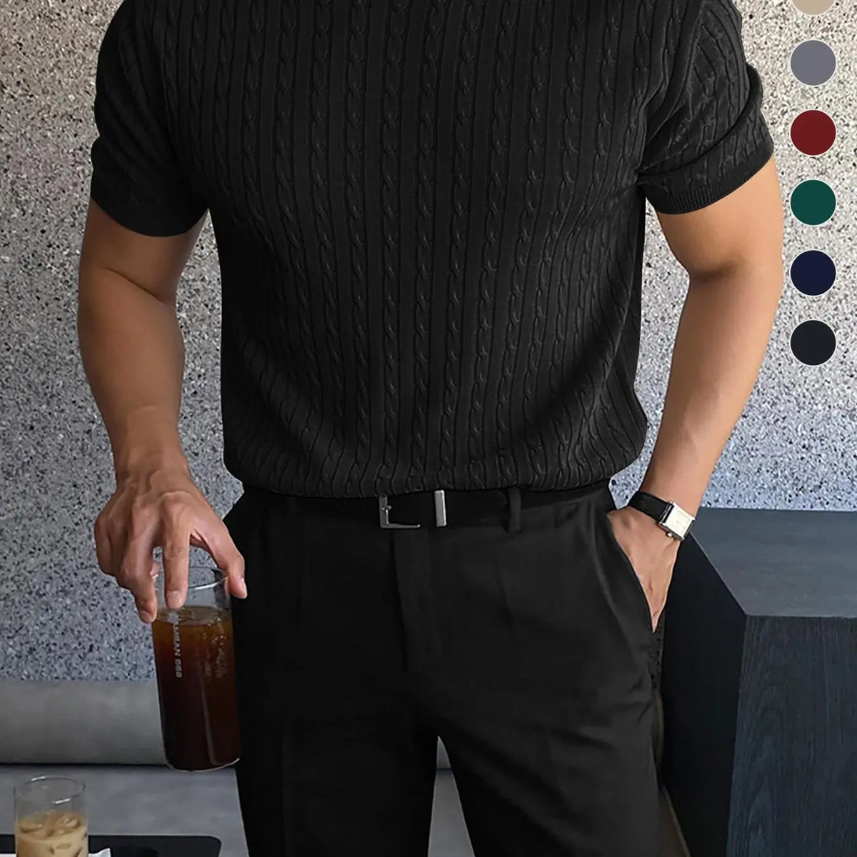 Beige Cable Knit Short Sleeve Crew Neck Top