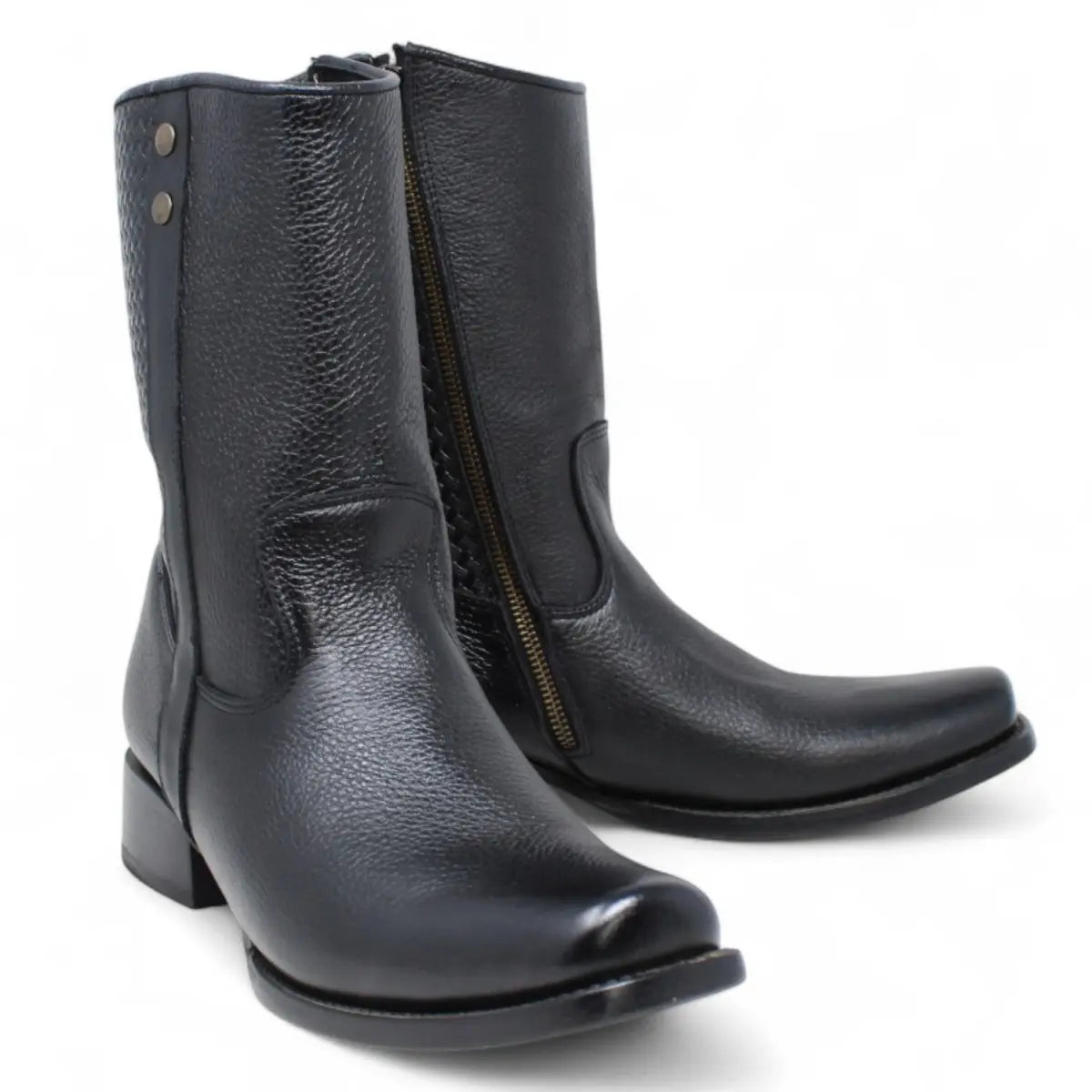 Black Leather Mid-Calf Boots with Side Zipper