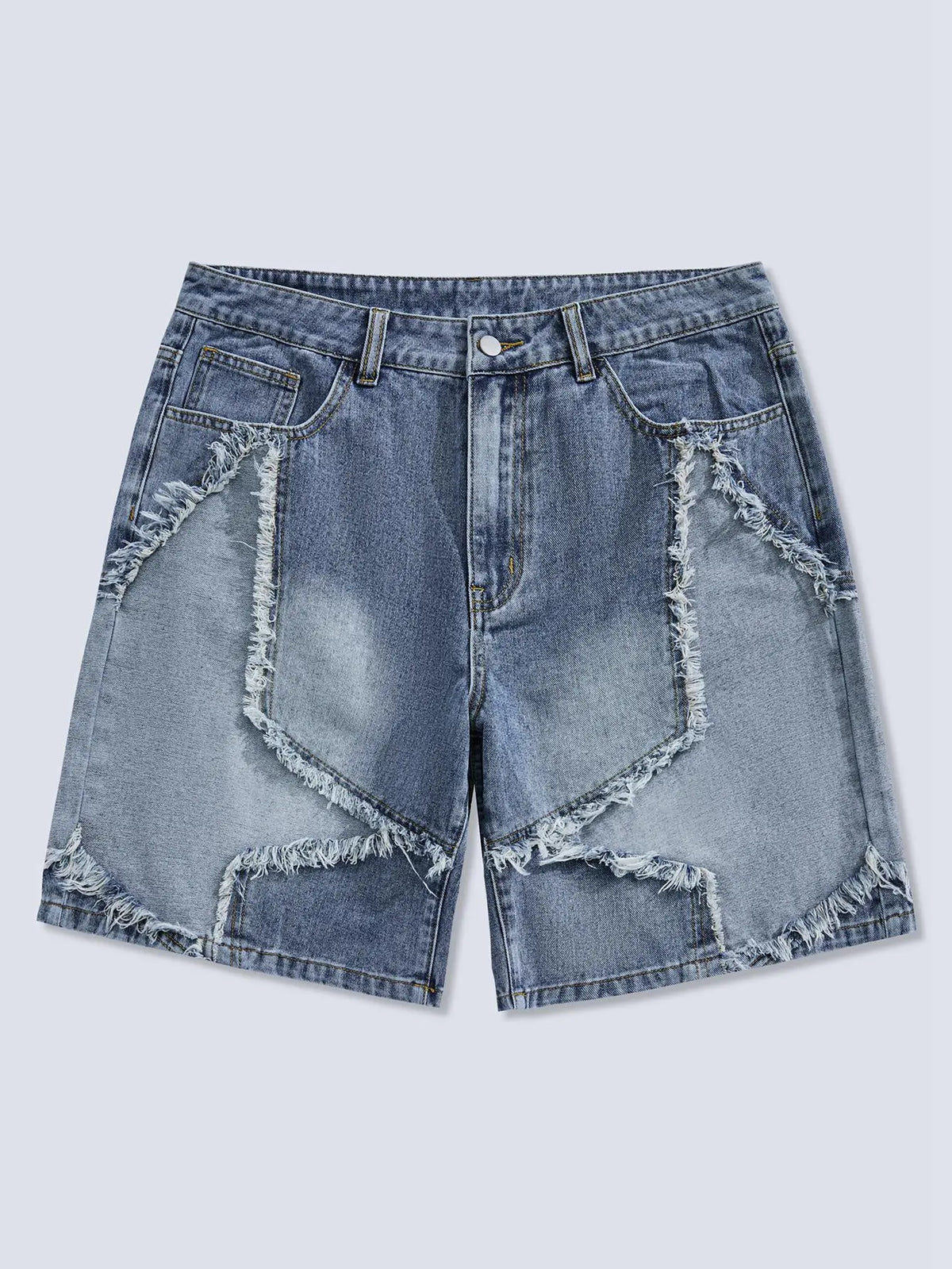 Blue Denim Shorts with Frayed Star Patches