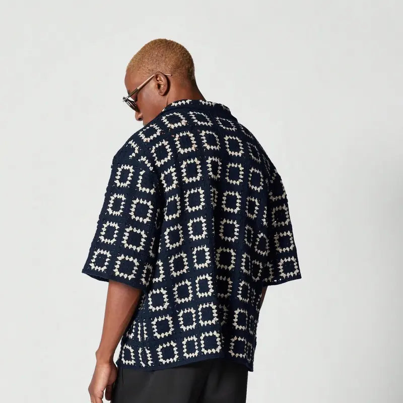 Black Crochet Style Short Sleeve Button Shirt