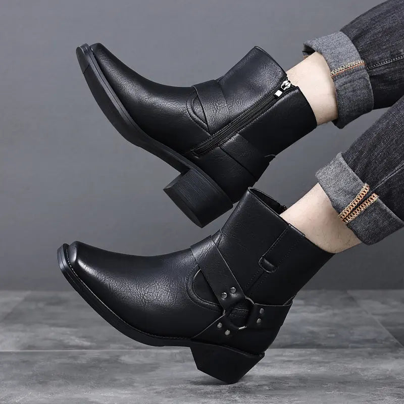 Black Faux Leather Ankle Boots with Buckle Harness