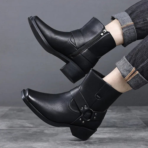 Black Faux Leather Ankle Boots with Buckle Harness