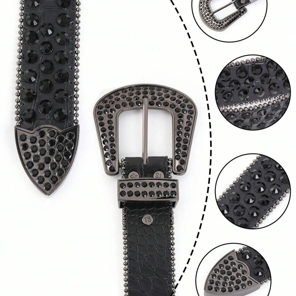 Black Rhinestone Studded Belt with Western Buckle