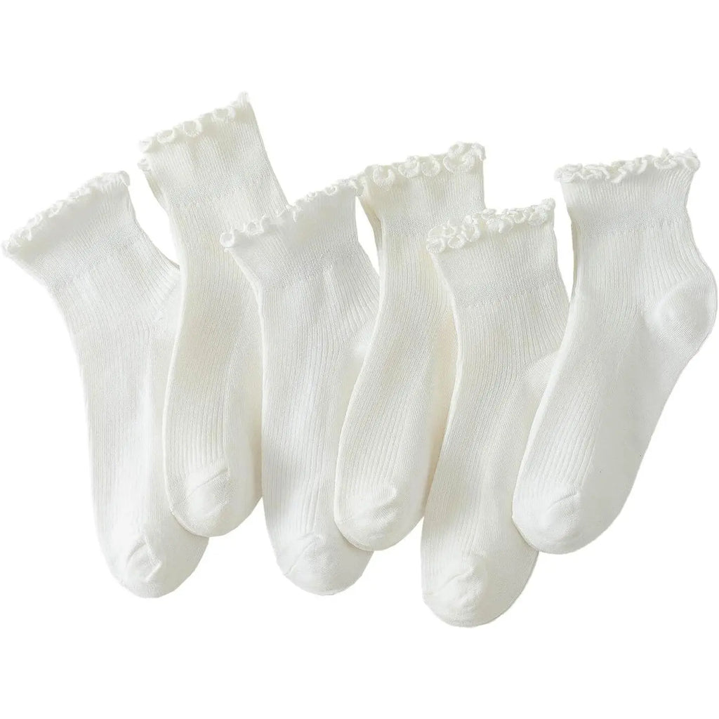 White Ribbed Ankle Socks with Ruffled Cuffs