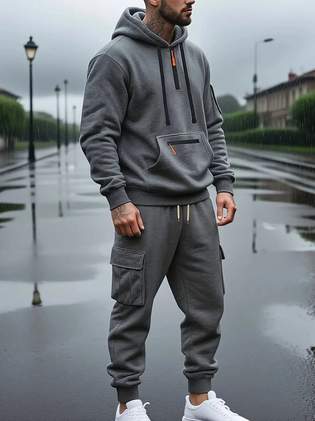 Gray Fleece Hoodie and Cargo Jogger Set