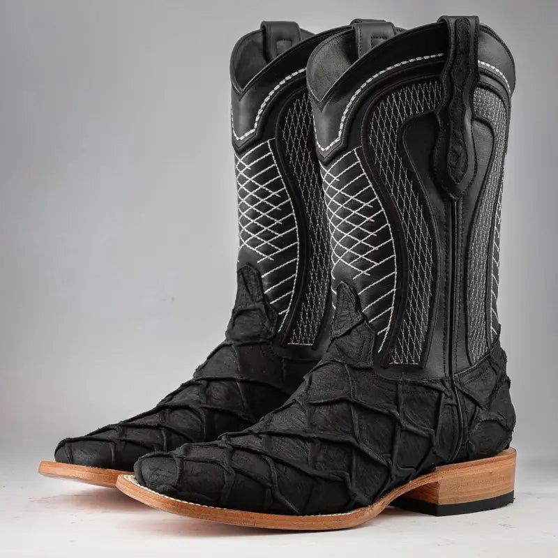 Black Textured Leather Square-Toe Western Boots