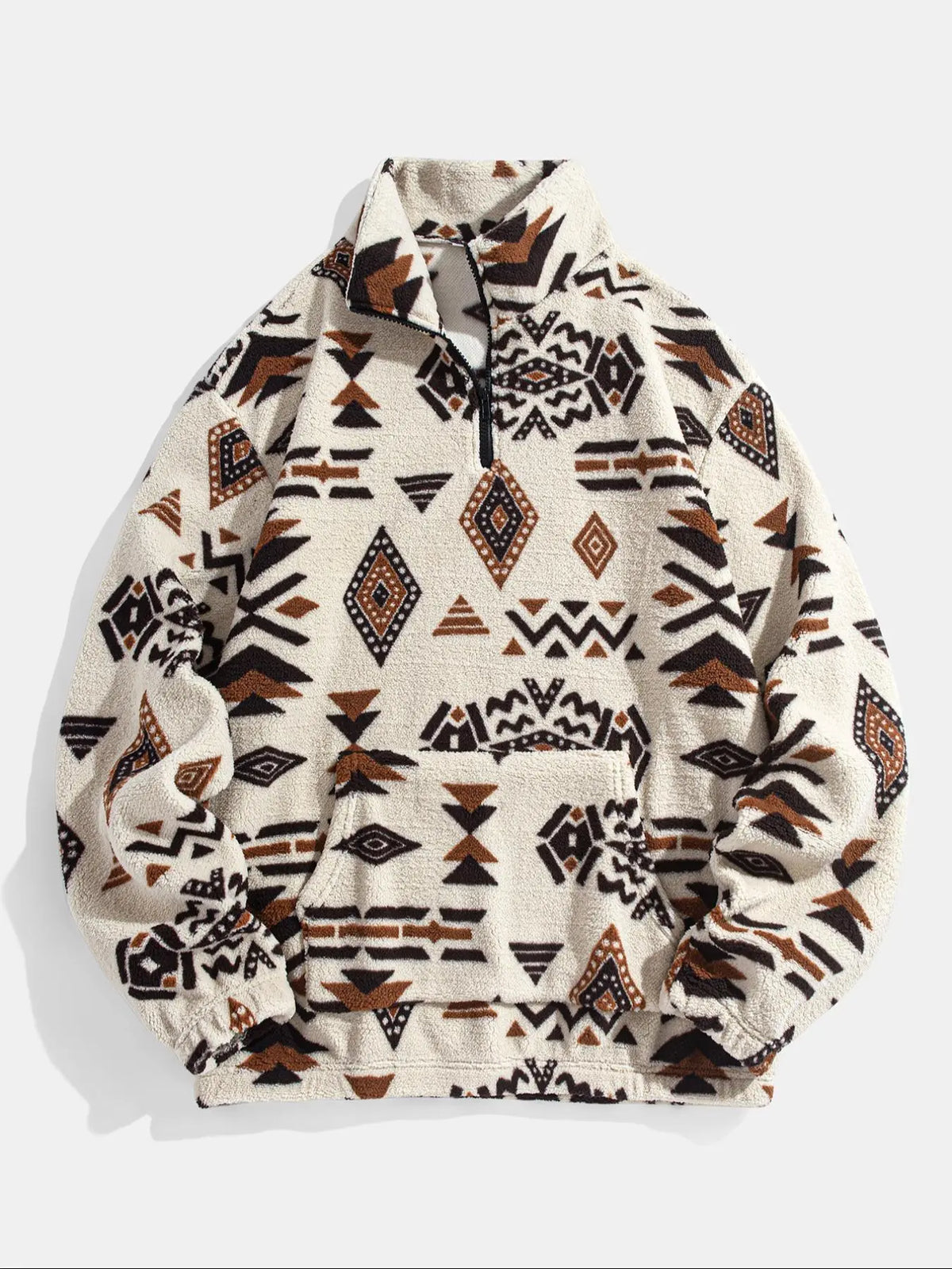 Cream Fleece Pullover with Brown Geometric Pattern