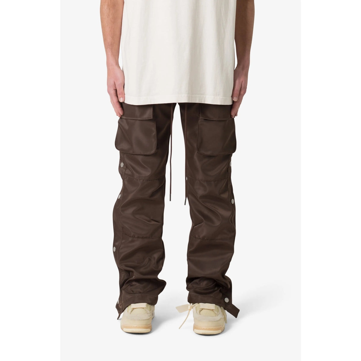 Brown Nylon Cargo Pants With Snap Hems