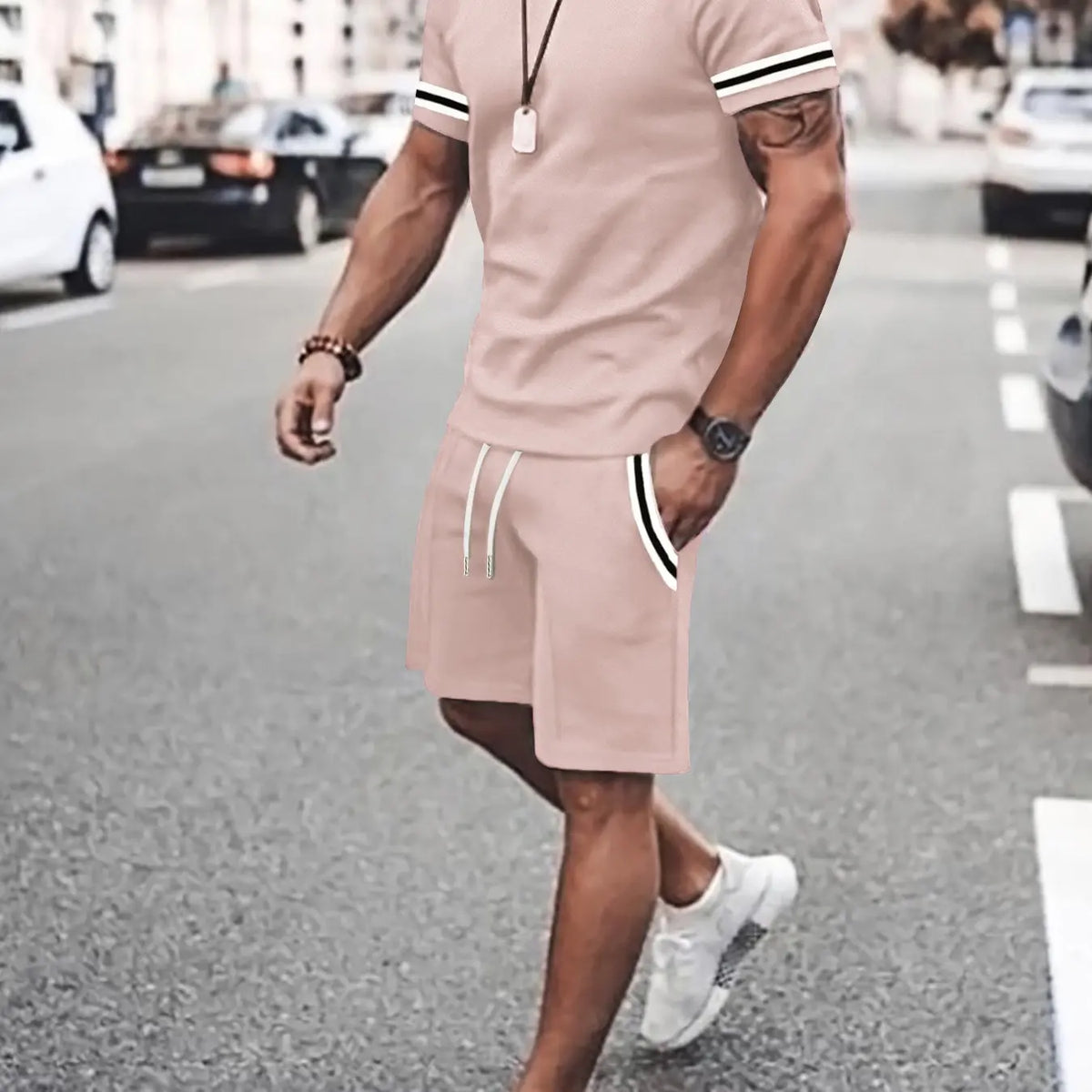Khaki Short Sleeve Tee and Drawstring Shorts Set