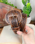 Brown Tooled Leather Belt with Floral Pattern