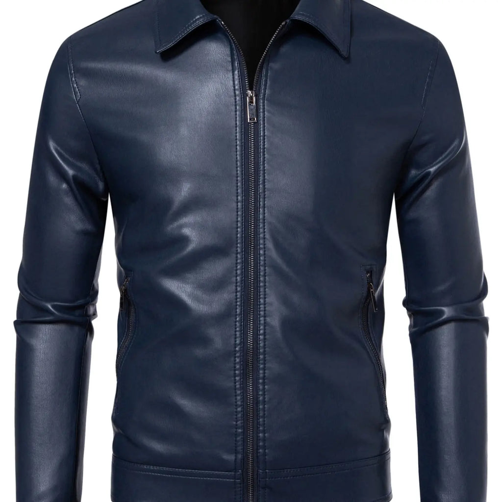 Black Faux Leather Zip Jacket with Collar