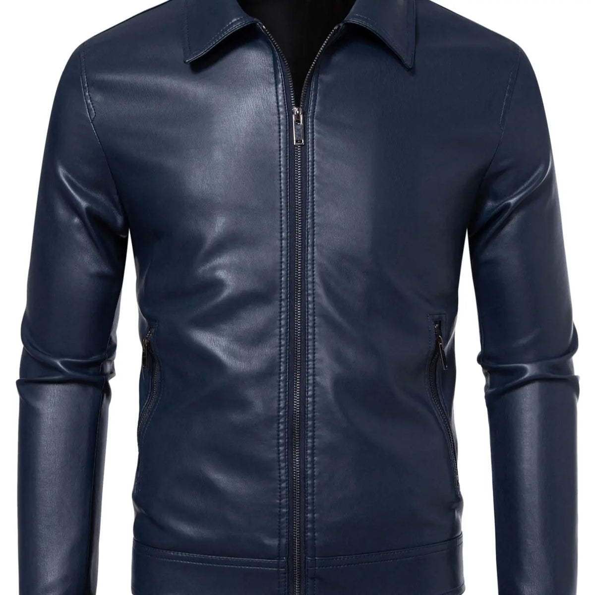Black Faux Leather Zip Jacket with Collar