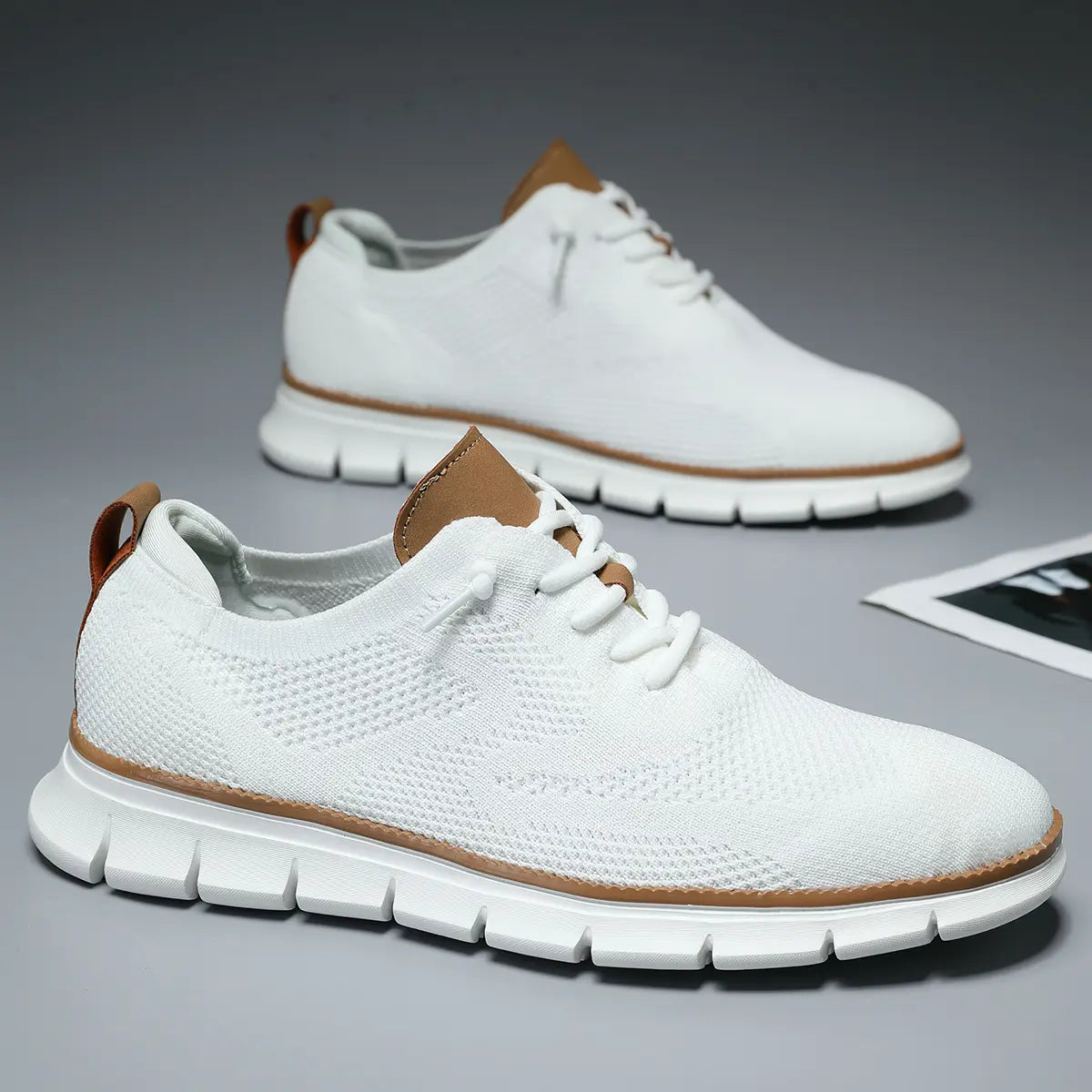 White Knit Mesh Lace-Up Shoes with Tan Trim