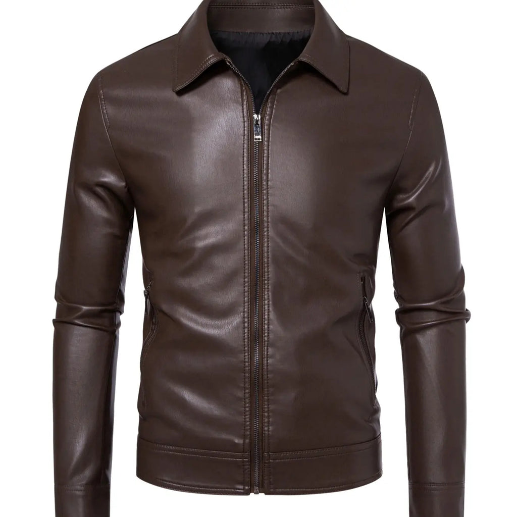 Black Faux Leather Zip Jacket with Collar