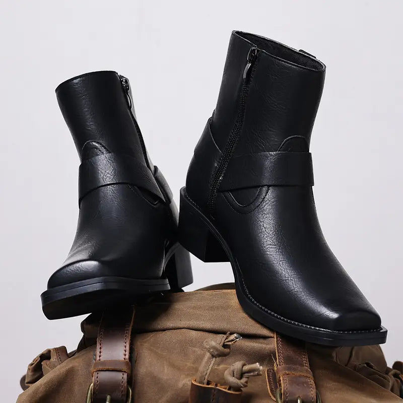 Black Faux Leather Ankle Boots with Buckle Harness