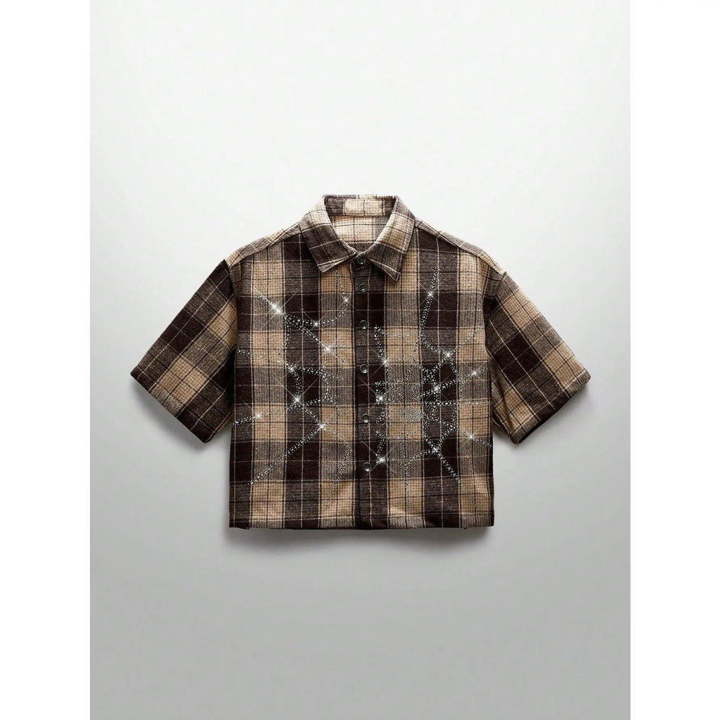 Cropped Brown Plaid Shirt with Crystal Web Detail