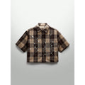 Cropped Brown Plaid Shirt with Crystal Web Detail