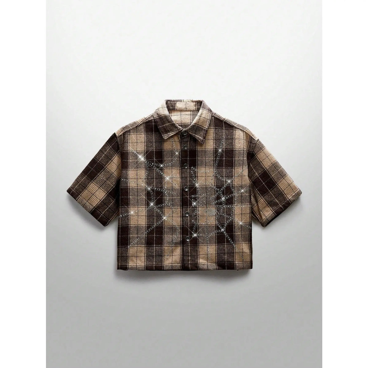 Cropped Brown Plaid Shirt with Crystal Web Detail