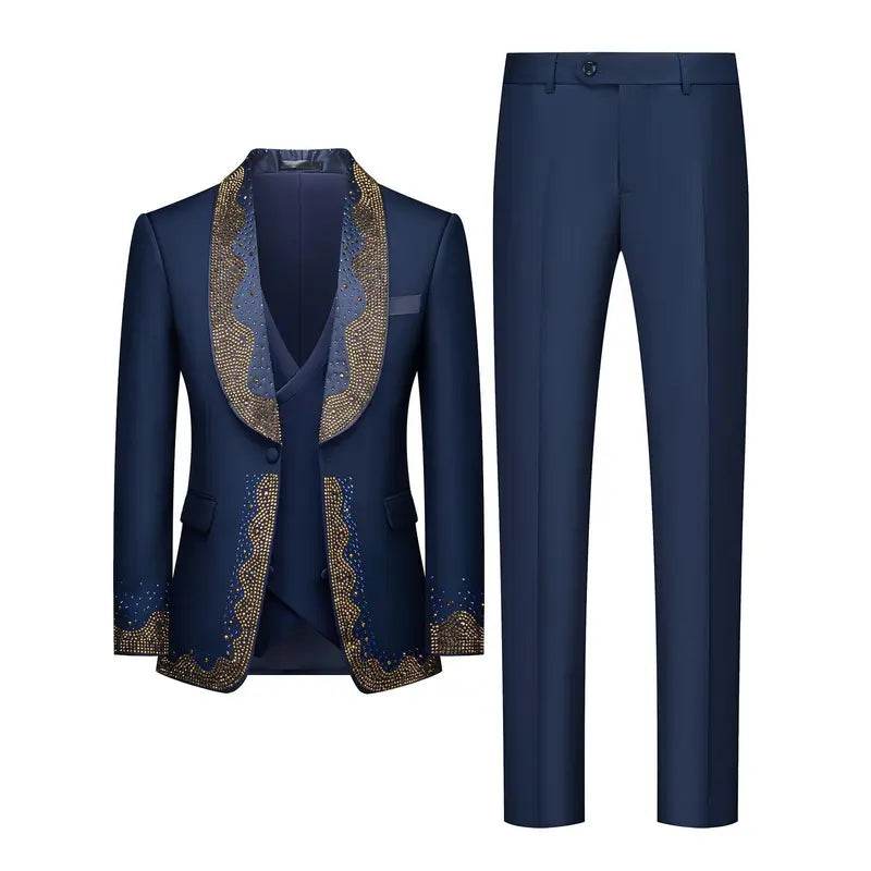 Navy Three-Piece Suit with Embellished Shawl Lapel
