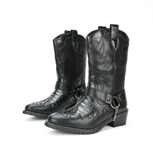 Black Embossed Mid Calf Western Boots With Chain
