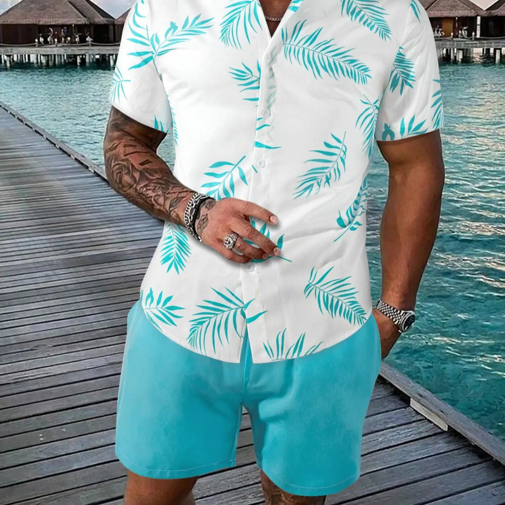 Men's Leaf Print Shirt and Shorts Set