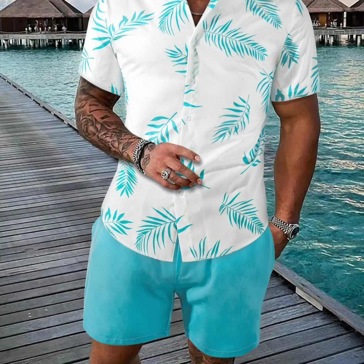 Men's Leaf Print Shirt and Shorts Set