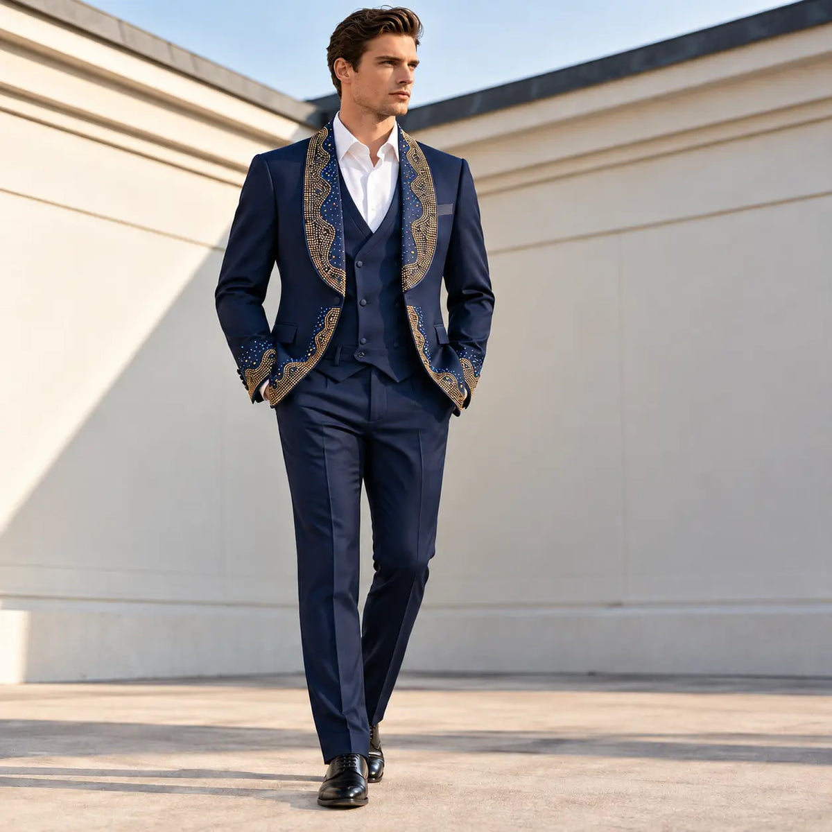 Navy Three-Piece Suit with Embellished Shawl Lapel
