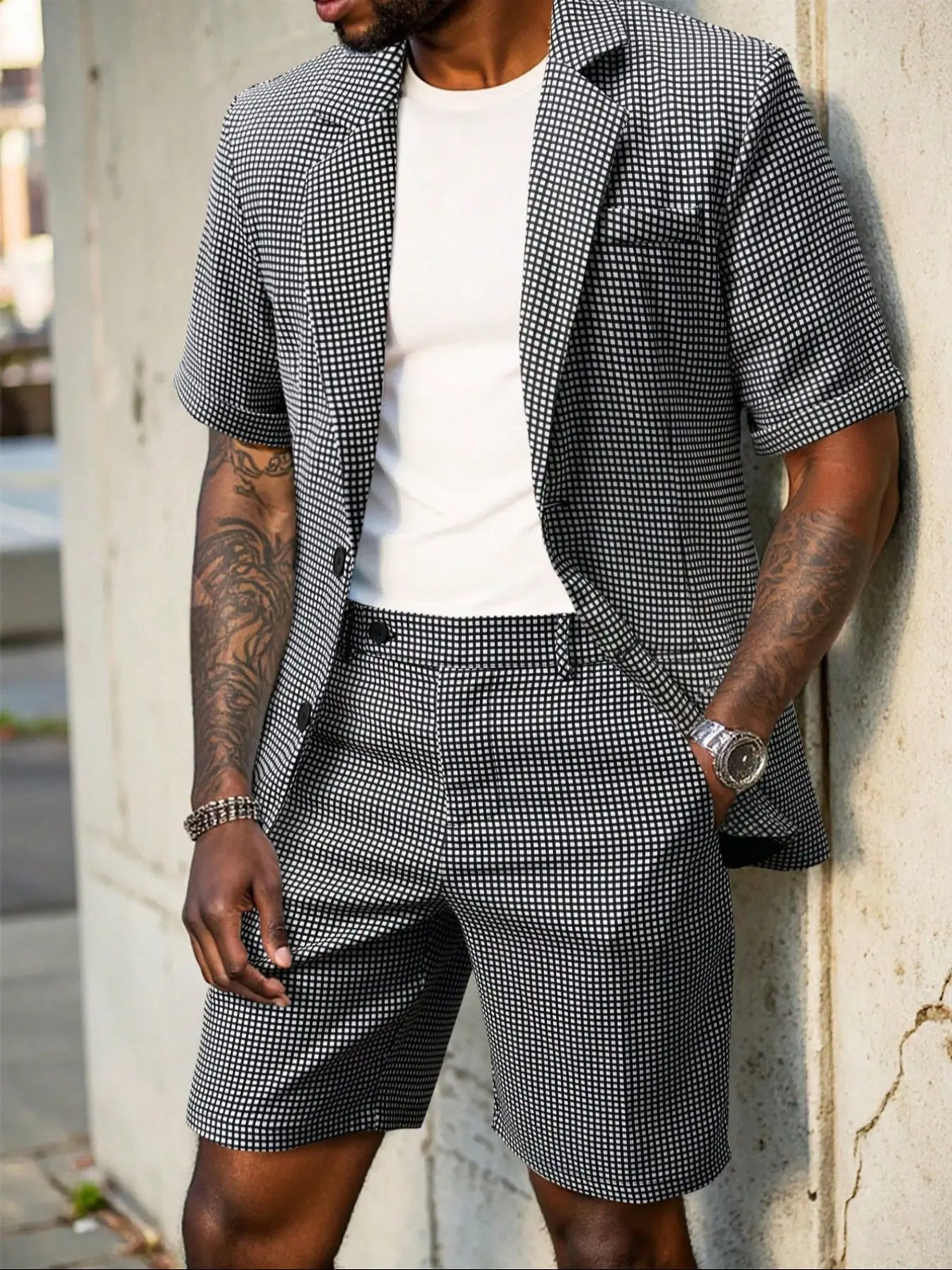 Houndstooth Short Sleeve Blazer and Shorts Set
