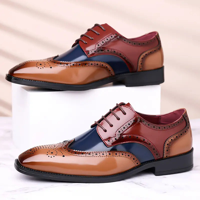 Two-Tone Glossy Brogue Lace-Up Dress Shoes