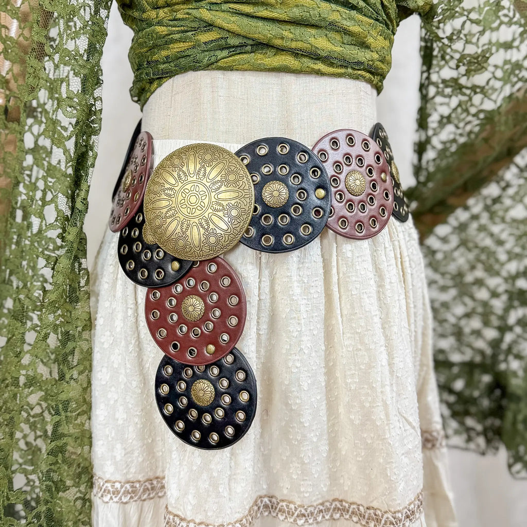 Faux Leather Disc Belt with Brass Studs