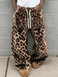 Leopard Print Plush Drawstring Baggy Pants