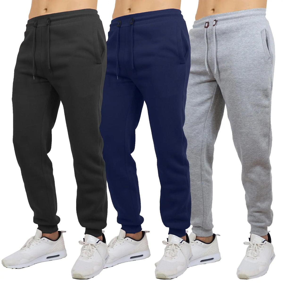 Three-Pack Fleece Joggers in Black, Navy, Grey